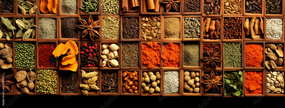 Collection of different aromatic spices, seeds and herbs in a wooden boxes, panoramic view from above. Generative AI