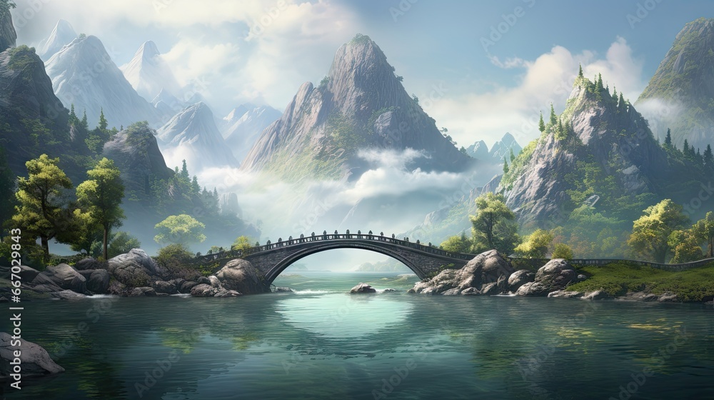  a painting of a bridge over a river with mountains in the background.  generative ai