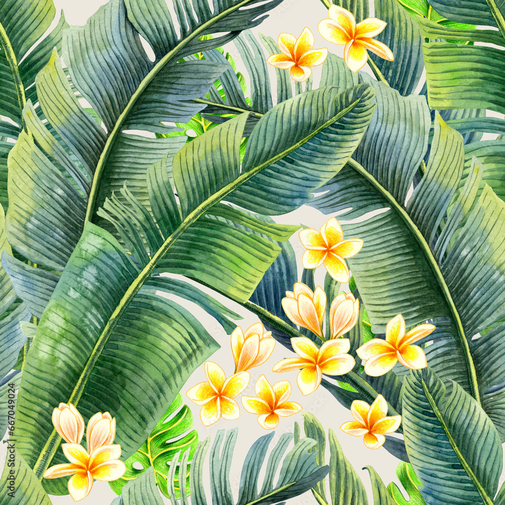 Seamless pattern of watercolor tropical banana palm leaf Jungle with Plumeria flowers. Hand drawn illustration. Botanical hand painted floral elements on light background.