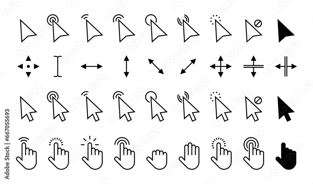 Pointer cursor. Computer mouse click arrow icons flat style, pointing finger and text cursor. Vector isolated set of cursor pointer, click mouse web illustration