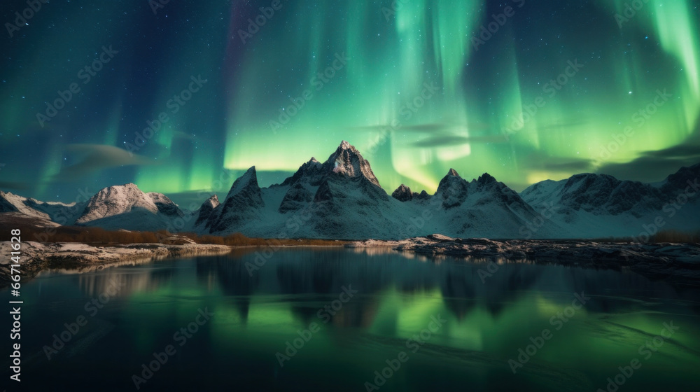 Aurora borealis at mountain landscape.