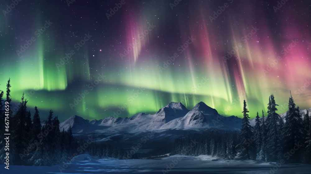 Aurora borealis at mountain landscape.