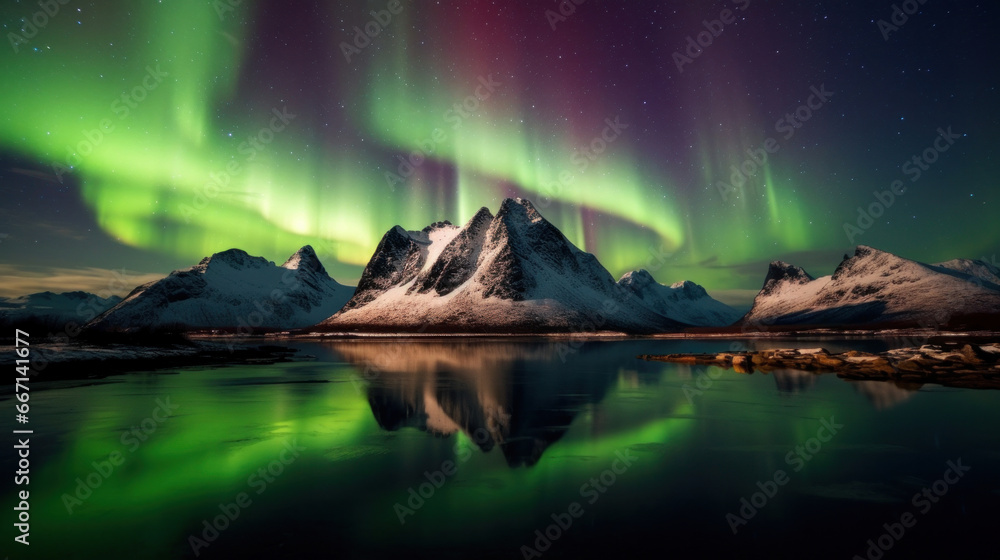 Aurora borealis at mountain landscape.