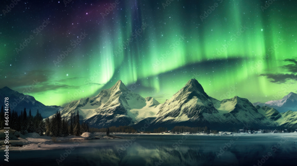 Aurora borealis at mountain landscape.