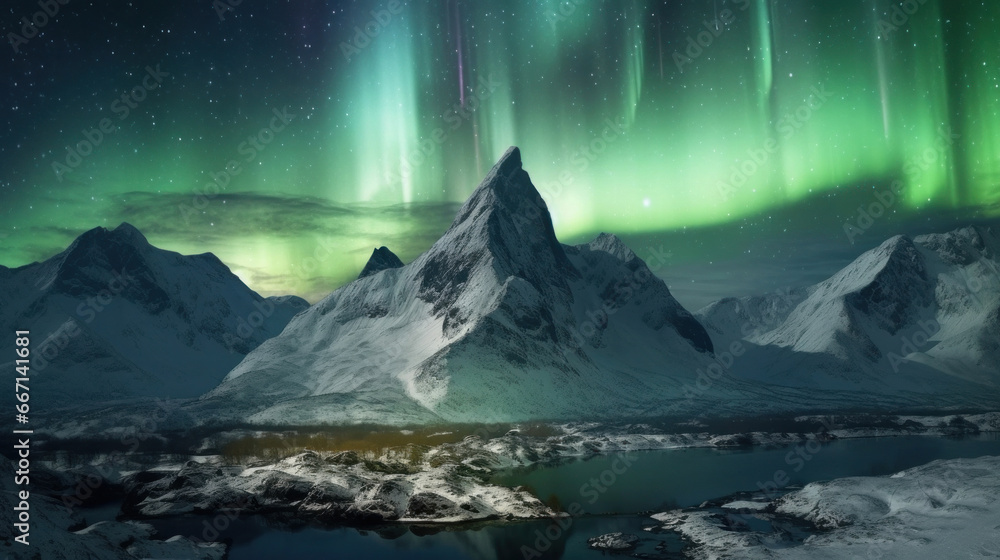 Aurora borealis at mountain landscape.