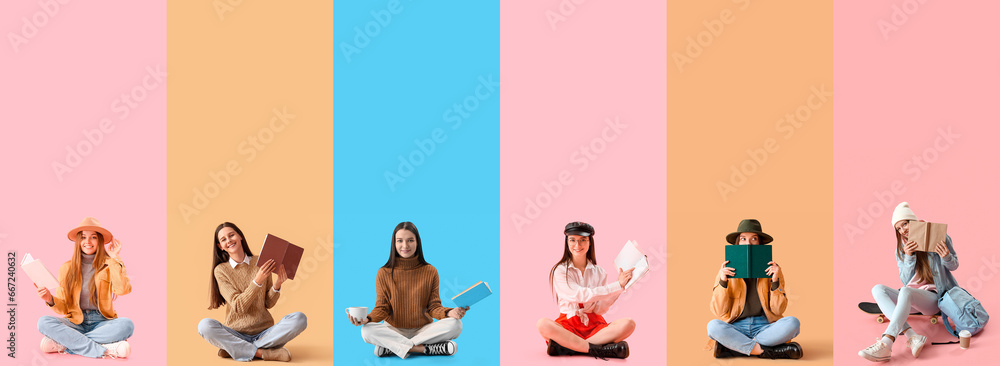 Set of many women with books on color background