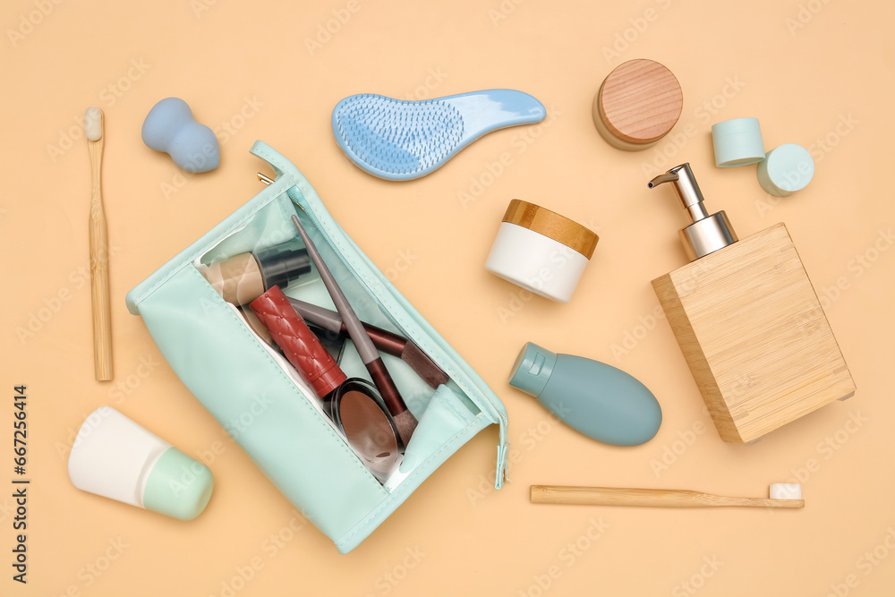 Composition with cosmetic products and bath supplies on color background