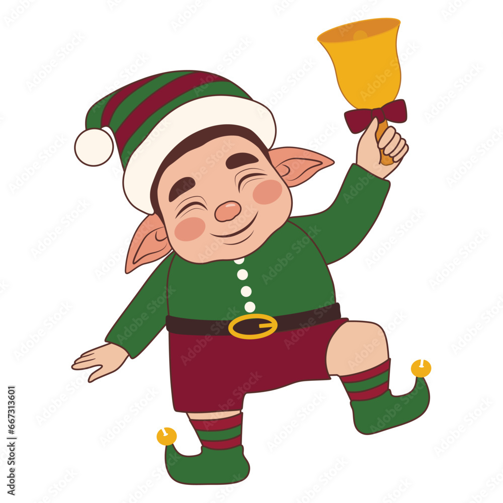 Cute Christmas elf with jingle bell on white background