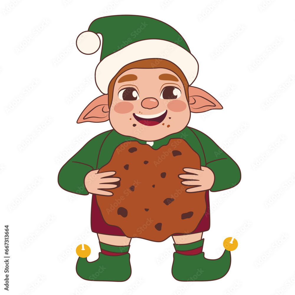 Cute Christmas elf eating cookie on white background