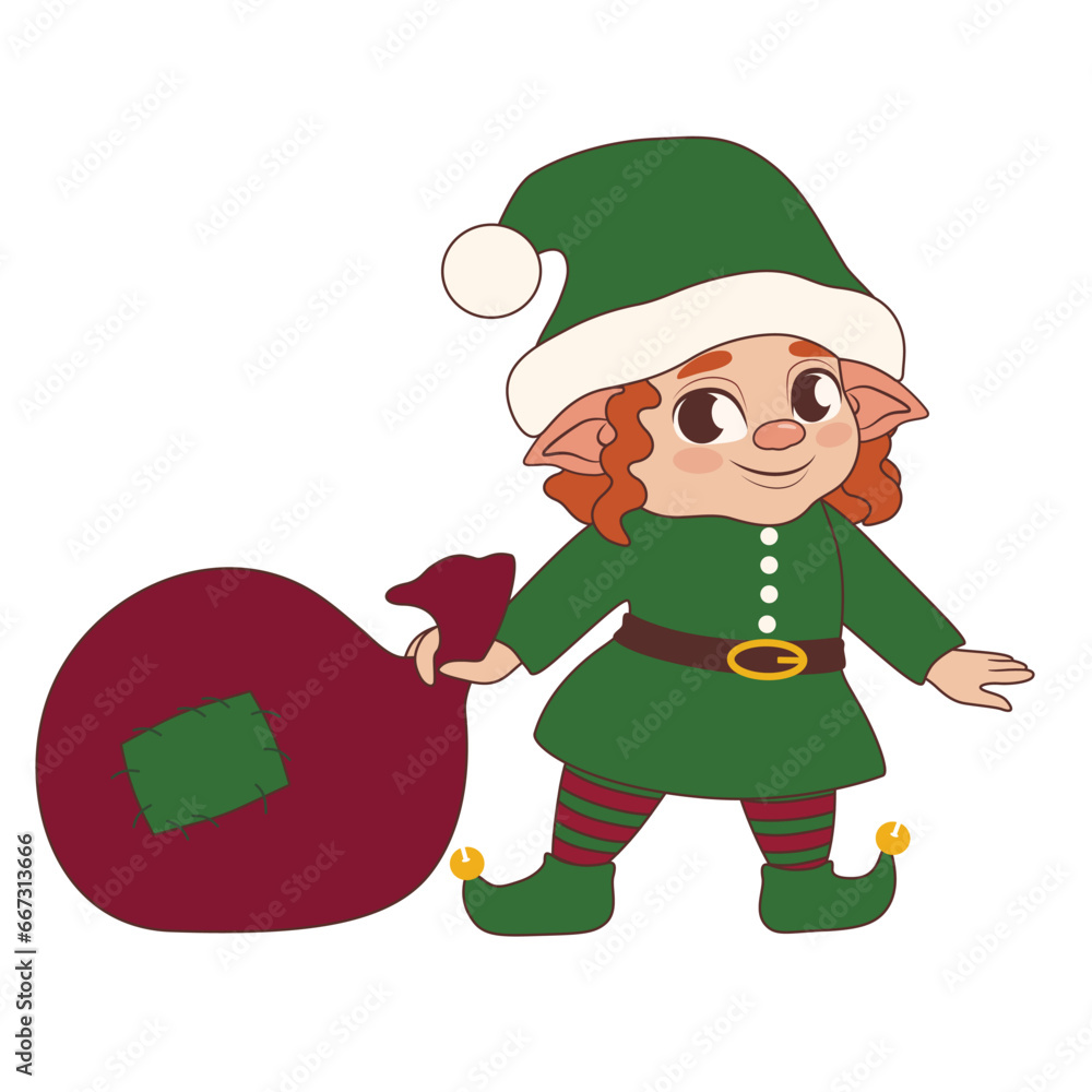 Cute Christmas elf with Santa bag on white background