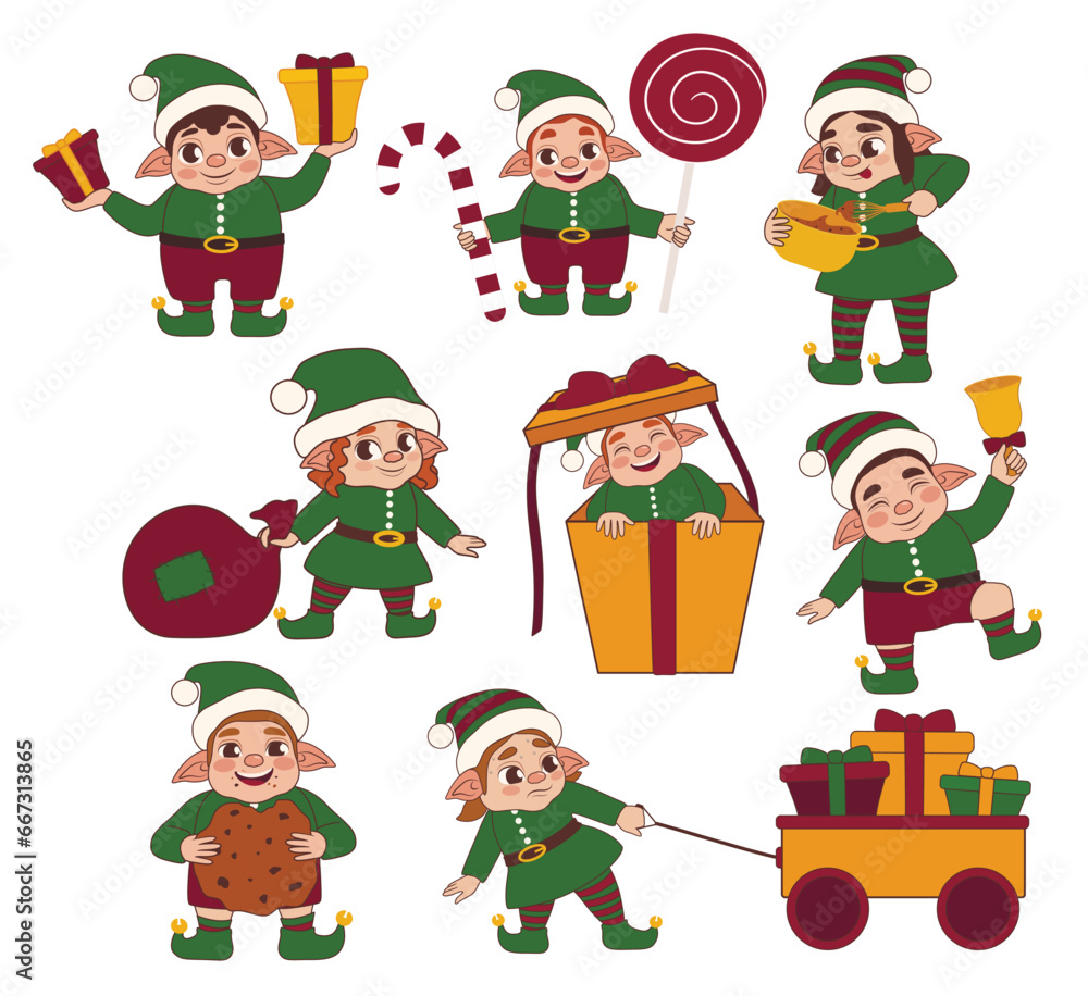 Set of many cute Christmas elves on white background