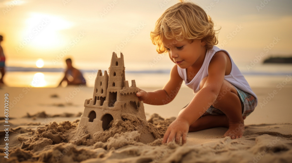 Little boy playing with a sandcastle on a beach