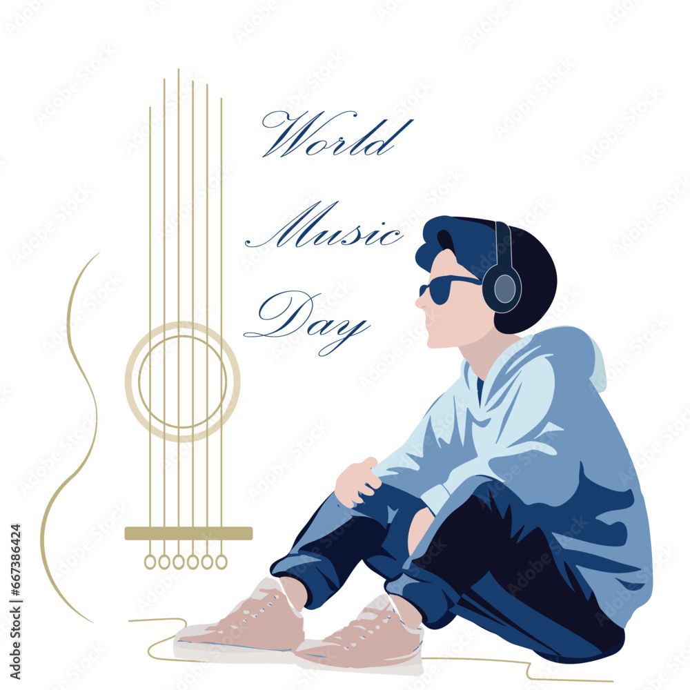 World Music Day. The guy in headphones and sunglasses. Guitar silhouette 