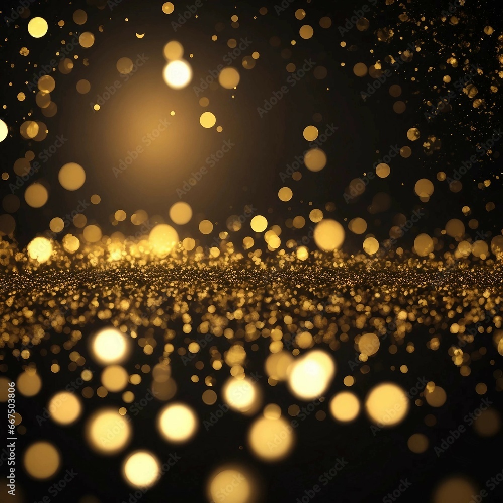 Sparkle gold bokeh shimmer on black background. Generative AI.