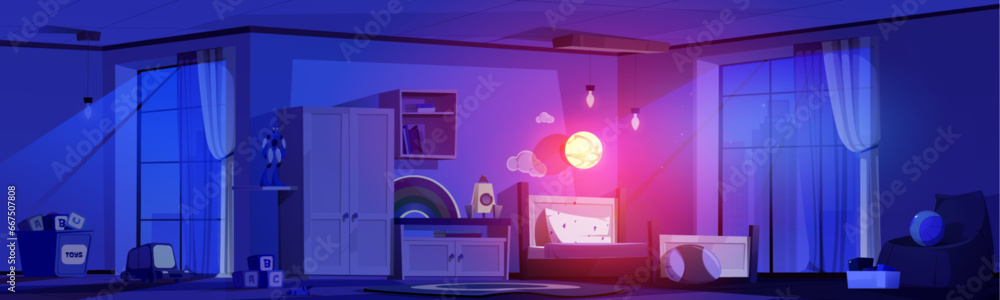 Child room interior at night. Cartoon vector illustration of dark kid boy bedroom with bed, wardrobe and other furniture, toys and books on shelf, moonlight through large window and space decorations.