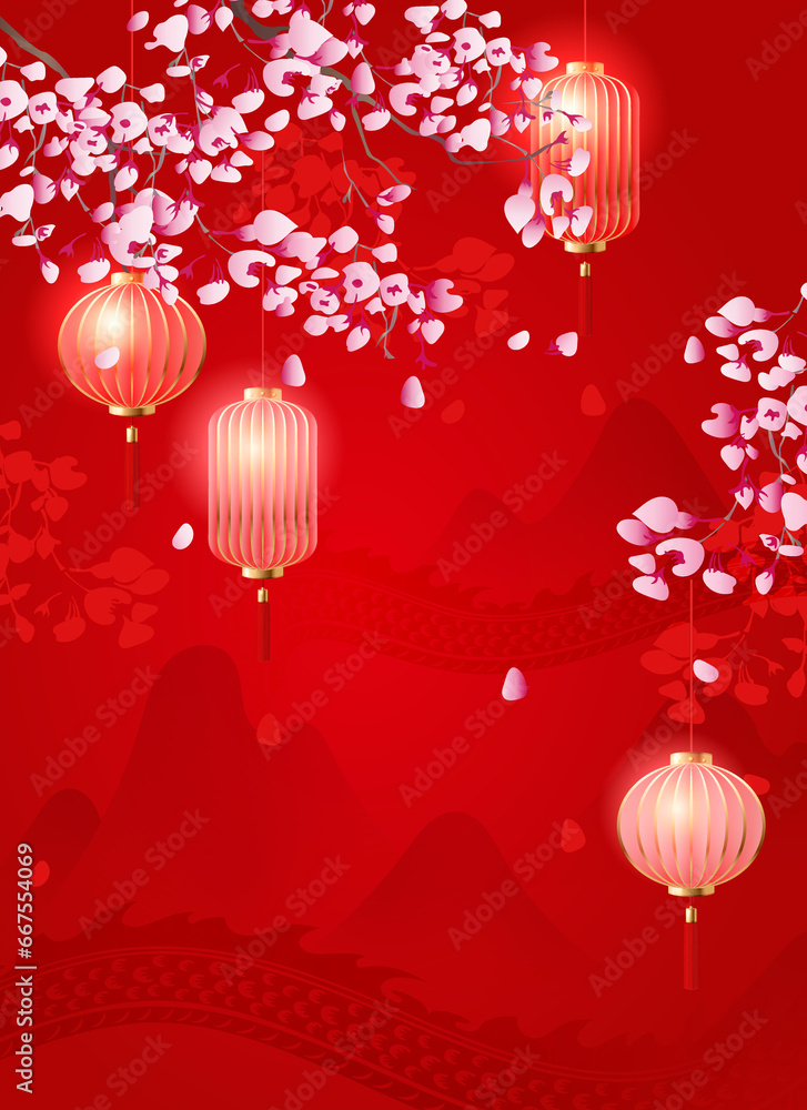 Flower blossom tree branch and traditional lantern decoration red background