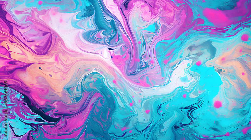 Luxurious turquoise and teal neon oil paint liquid fluid marbling flow effect. Luxurious Liquid marble texture. Acrylic paints pour fluid background illustration. Modern abstract background. Fluid art