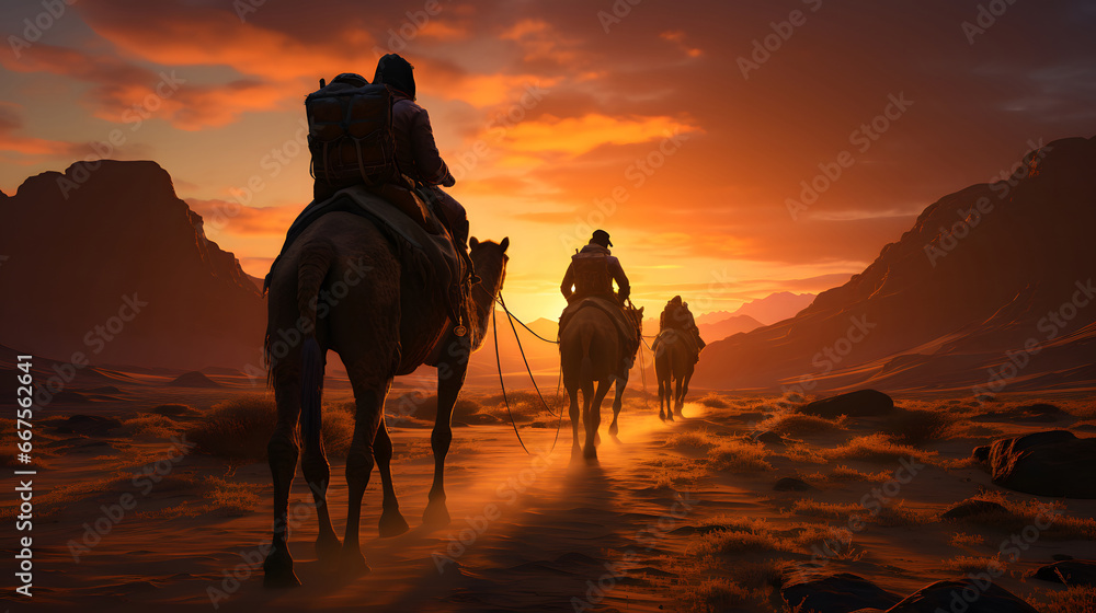 Camel caravan in the desert at sunset, people riding camels on a sand dune in the desert	 