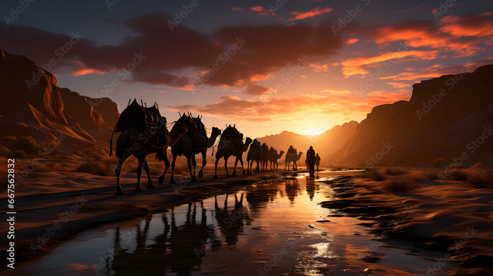 Camel caravan in the desert at sunset, people riding camels on a sand dune in the desert	 