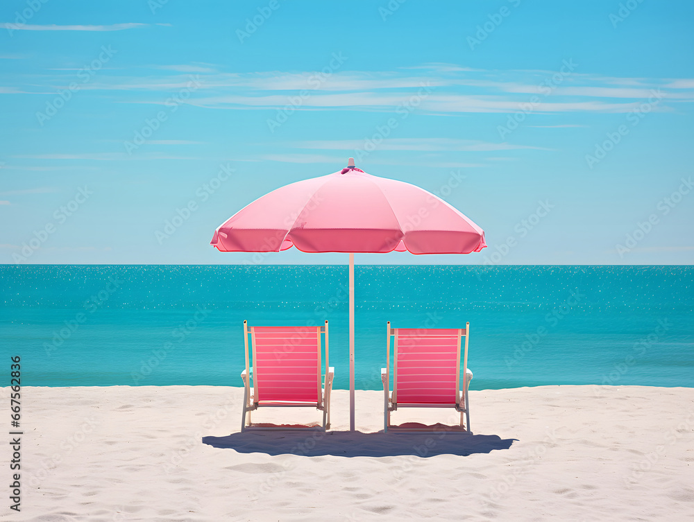 beach chairs and umbrella on the beach, 