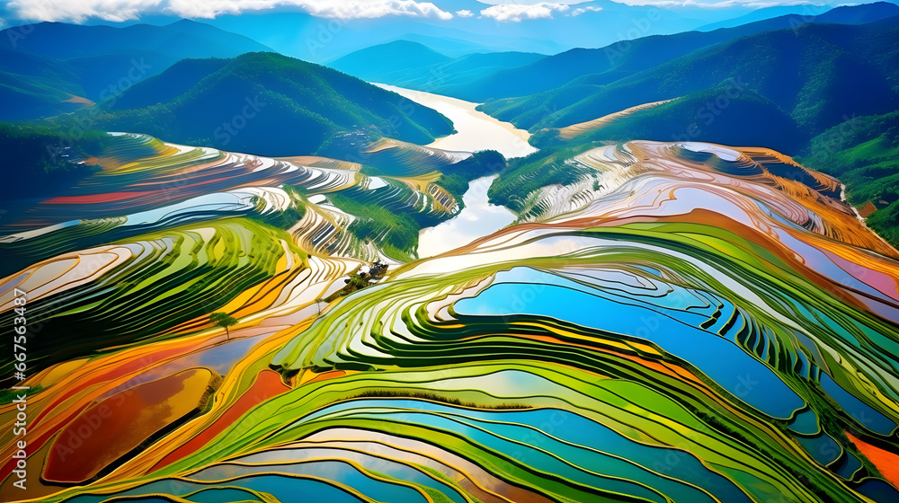 colorful Rice fields on terraced in Mu cang chai, Vietnam Rice field, Majestical contours and patchwork curves of efficient Vietnamese agriculture land. Immense plantation drone birds eye view,