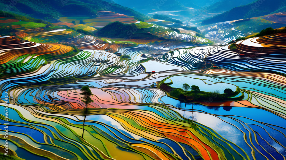 colorful Rice fields on terraced in Mu cang chai, Vietnam Rice field, Majestical contours and patchwork curves of efficient Vietnamese agriculture land. Immense plantation drone birds eye view,