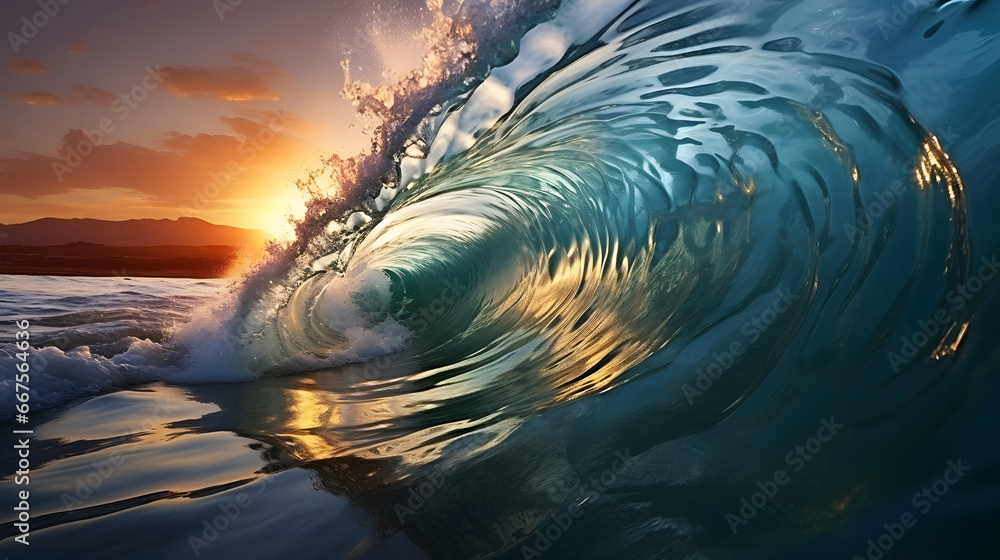  ocean wave. Sea water wave shape. Sunset light and beautiful clouds on beach background