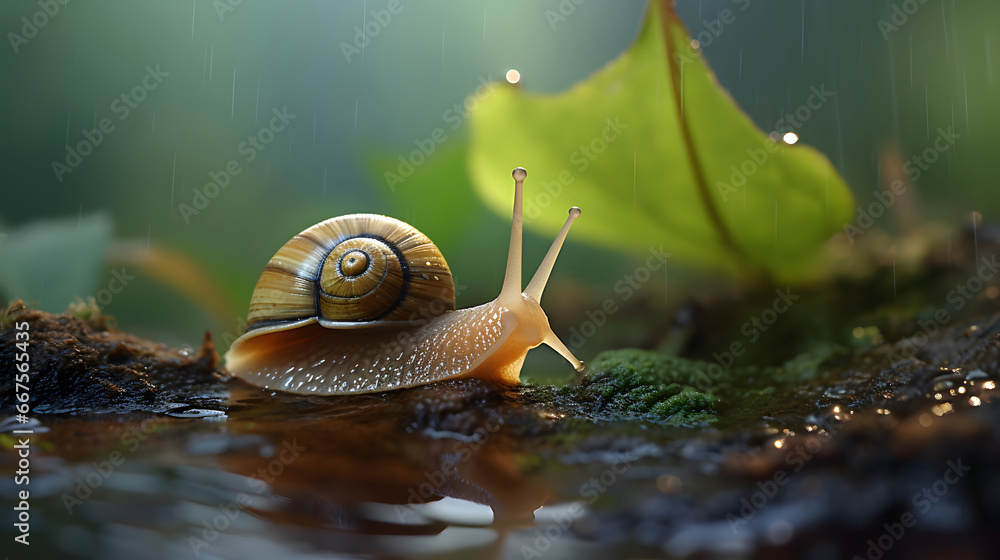 Macro photo of snail on mossy wood in rainy forest, snail on green natural background