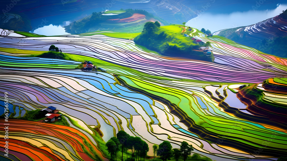 colorful Rice fields on terraced in Mu cang chai, Vietnam Rice field, Majestical contours and patchwork curves of efficient Vietnamese agriculture land. Immense plantation drone birds eye view, 