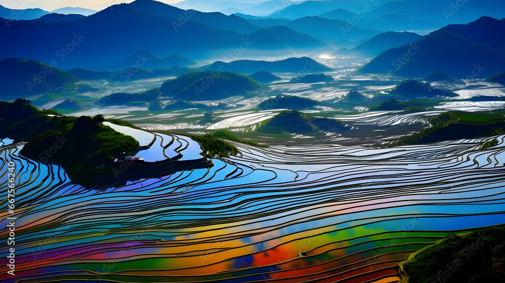 colorful Rice fields on terraced in Mu cang chai, Vietnam Rice field, Majestical contours and patchwork curves of efficient Vietnamese agriculture land. Immense plantation drone birds eye view, 