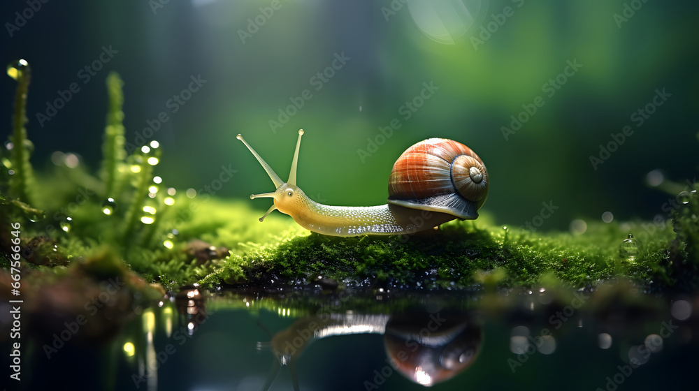 Macro photo of snail on mossy wood in rainy forest, snail on green natural background