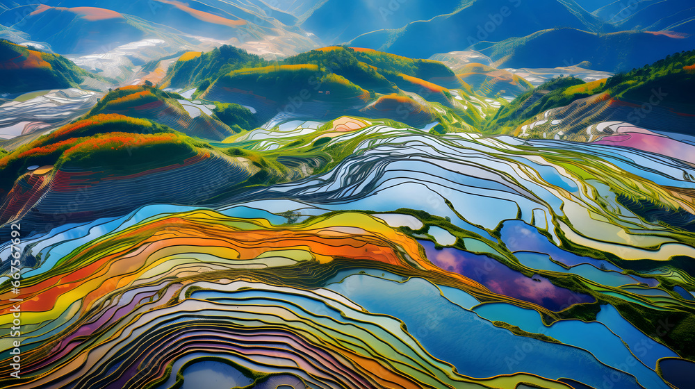 colorful Rice fields on terraced in Mu cang chai, Vietnam Rice field, Majestical contours and patchwork curves of efficient Vietnamese agriculture land. Immense plantation drone birds eye view, 