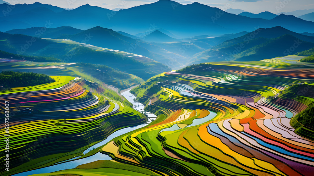 colorful Rice fields on terraced in Mu cang chai, Vietnam Rice field, Majestical contours and patchwork curves of efficient Vietnamese agriculture land. Immense plantation drone birds eye view, 