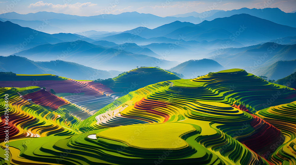 colorful Rice fields on terraced in Mu cang chai, Vietnam Rice field, Majestical contours and patchwork curves of efficient Vietnamese agriculture land. Immense plantation drone birds eye view, 