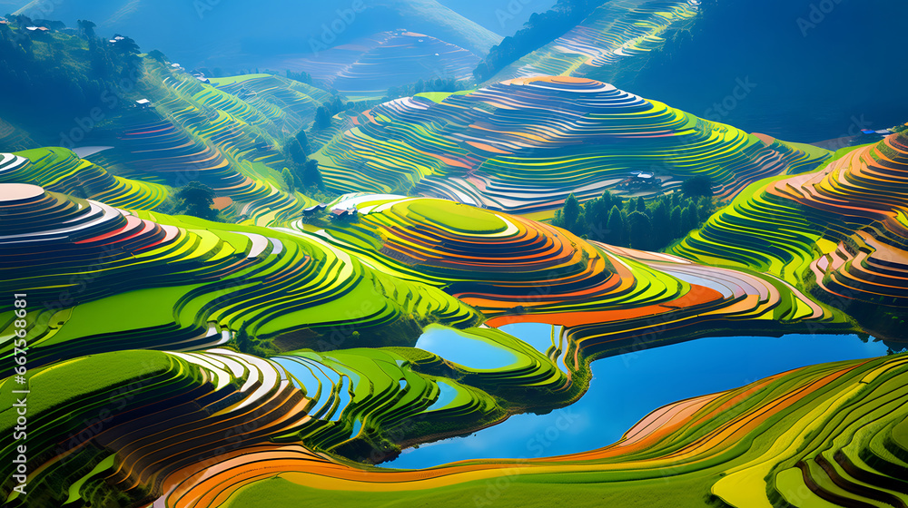 colorful Rice fields on terraced in Mu cang chai, Vietnam Rice field, Majestical contours and patchwork curves of efficient Vietnamese agriculture land. Immense plantation drone birds eye view, 