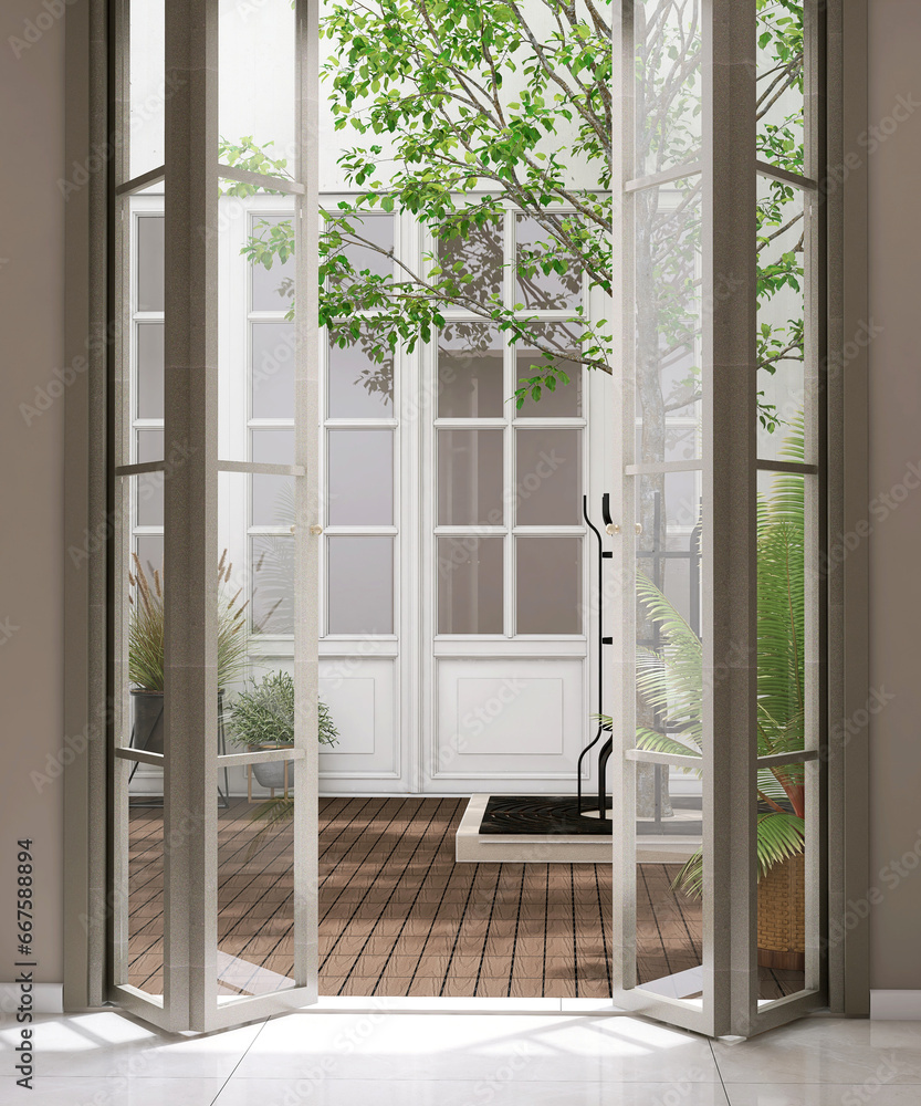 Open folding door with glass panel to courtyard with wooden floor, white exterior house and tree in sunlight for interior design decoration, product background 3D