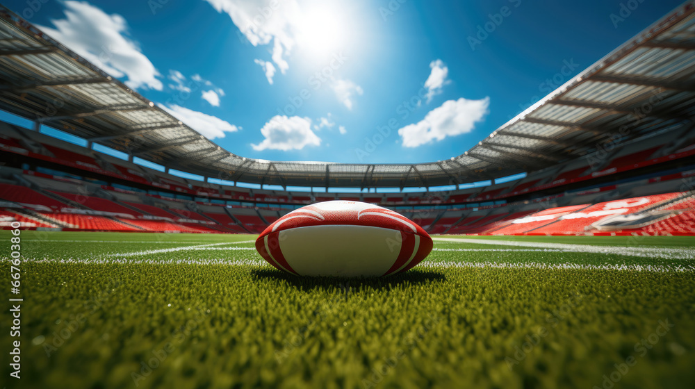 A rugby ball in a professional soccer stadium.