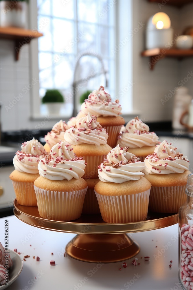 Beautiful cupcakes on white kitchen.