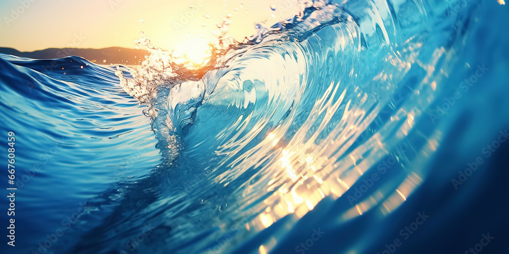 Closeup of the ocean wave. The sea in the light of summer sunset. Travel, vacation concept. Generative AI