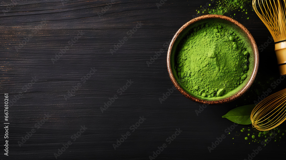 Matcha tea powder in a wooden plate on dark background with whisk, top view, copy space. Generative AI