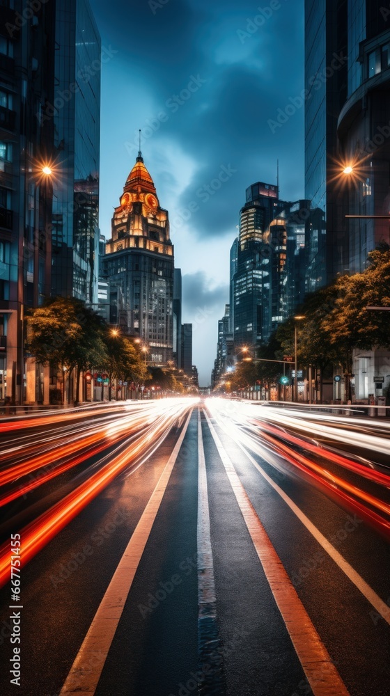 long exposure shot of a busy city street at night.