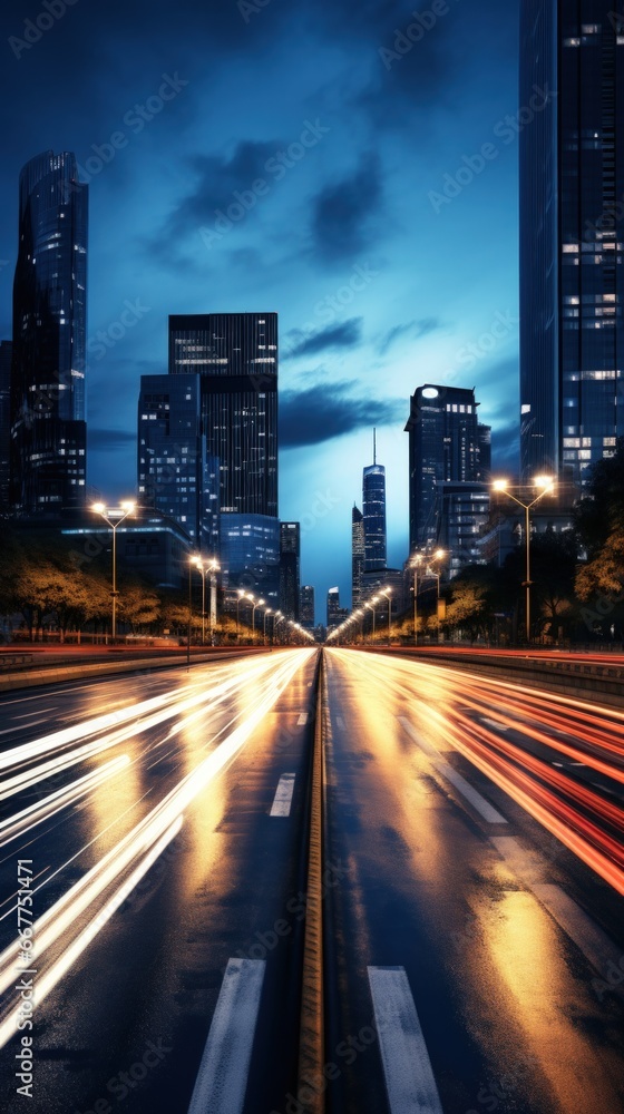 long exposure shot of a busy city street at night.