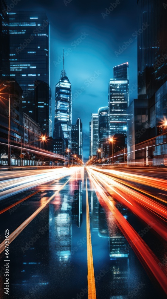 high-quality photo a long exposure shot of a busy city road at night.