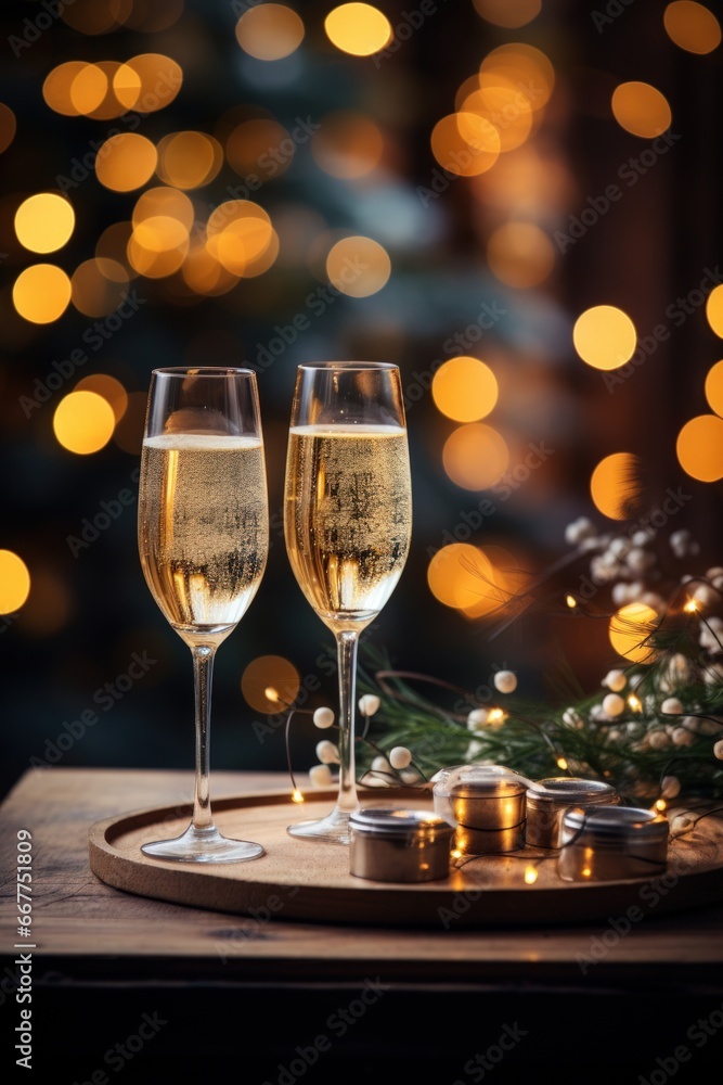 two glasses of champagne on a tray in the style of bokeh