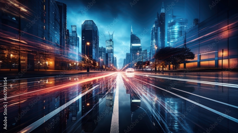 long exposure shot of a busy city street at night.