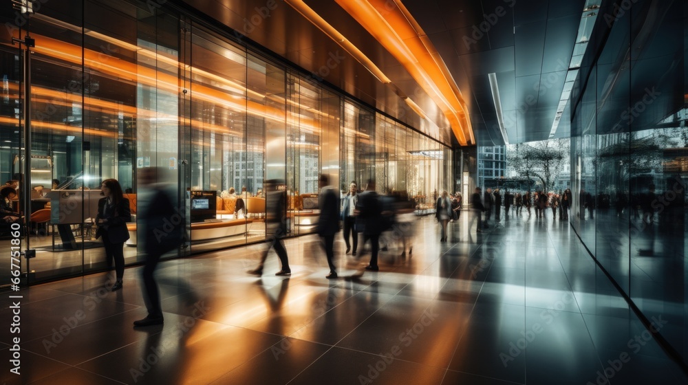 long exposure shot of a bustling office lobby to capture the energy of the crowd. With blurred movements