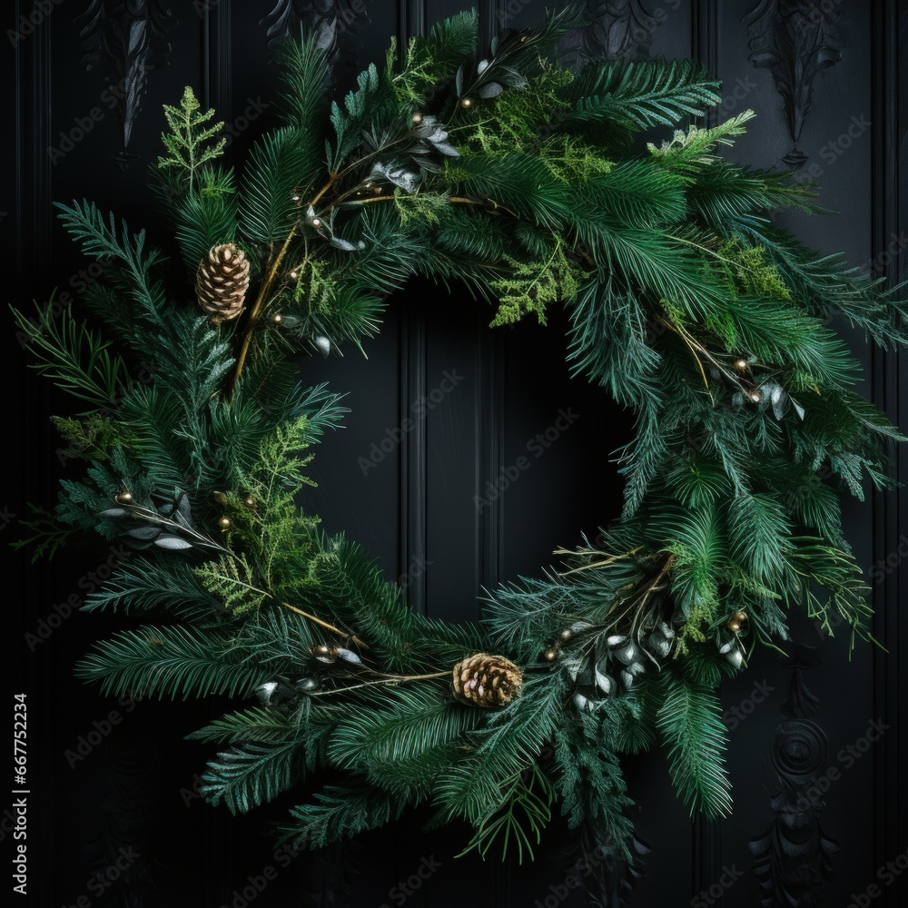 Holiday pine wreath on dark background