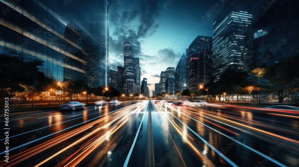 long exposure shot of a busy city street at night.