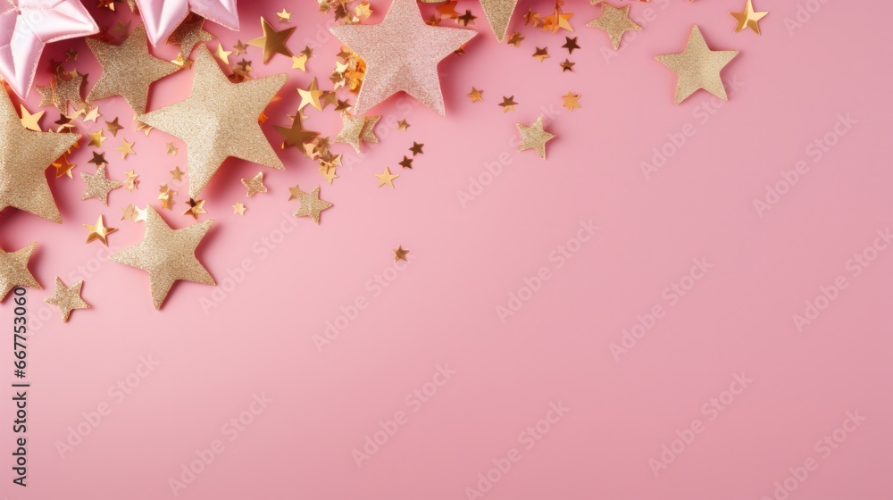 Beautiful magic minimalist pastel pink background woth gold stars