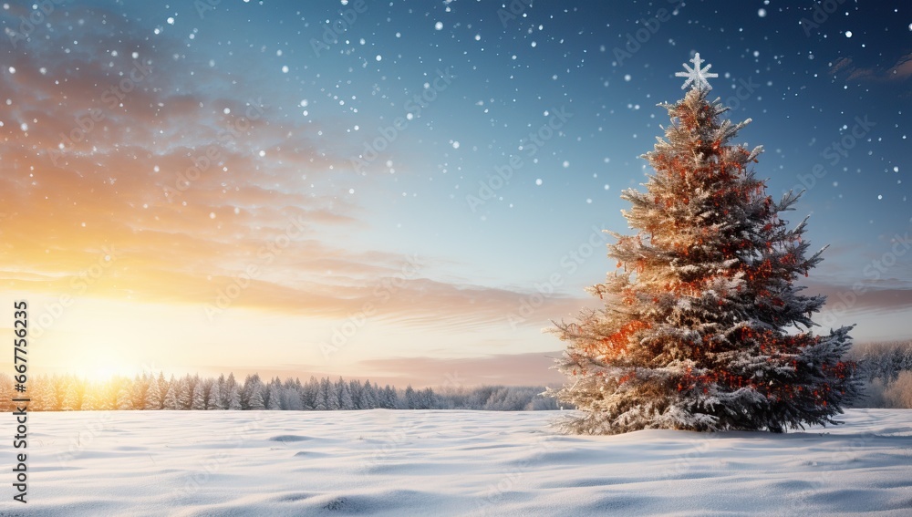 Fir tree covered with snow against snowy landscape with fir trees at sunset